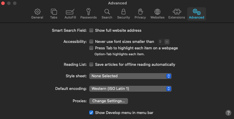 Show Develop menu in menu bar
